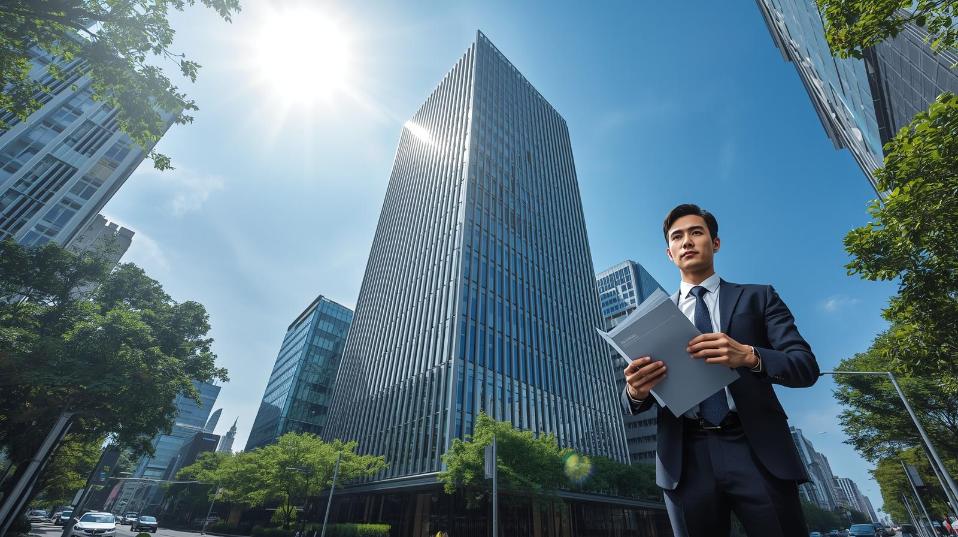 Sunlit luxurious condo exterior with confident investor reviewing documents amid city.